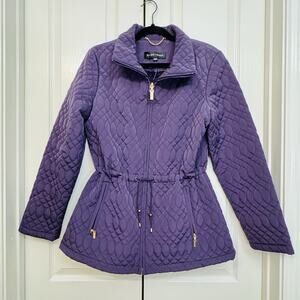 Ellen Tracy Deep Purple Quilted Gold Zip Front Cinch Waist Coat SZ Medium